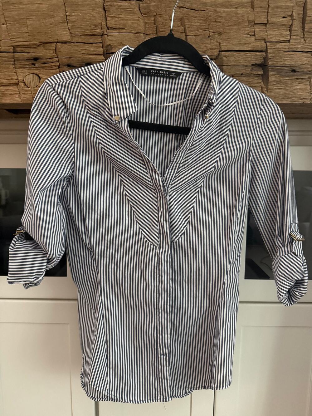 Zara Basic Navy White Striped Popover Shirt Gold Hardware Size S
